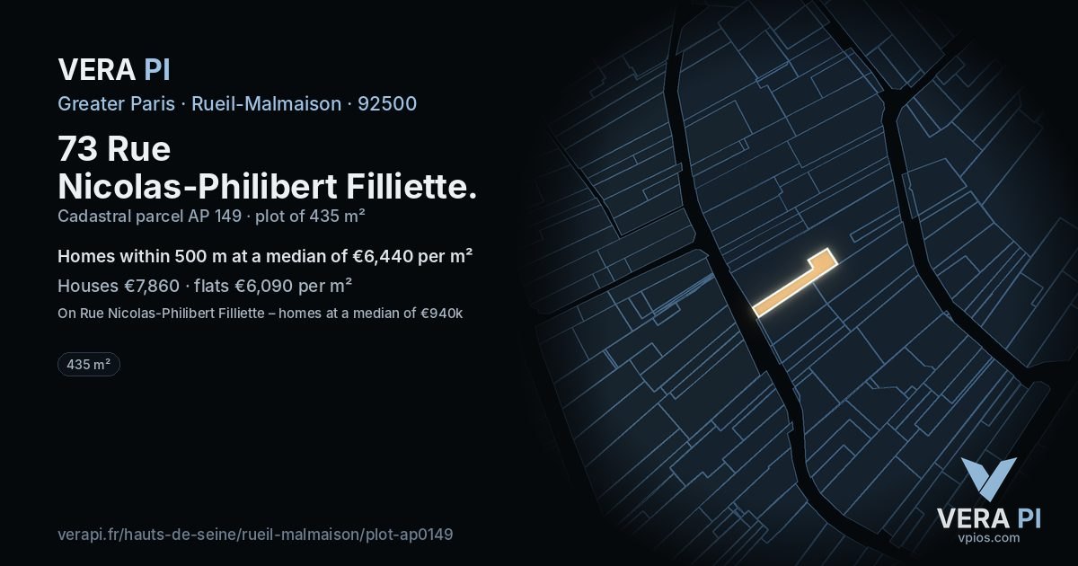 73 Rue Nicolas-Philibert Filliette, Rueil-Malmaison at night – the plot lit, the parcels around coloured by the prices near them