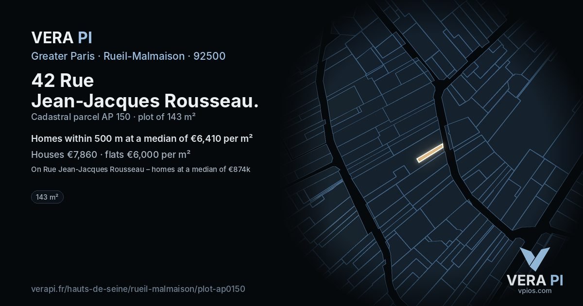 42 Rue Jean-Jacques Rousseau, Rueil-Malmaison at night – the plot lit, the parcels around coloured by the prices near them