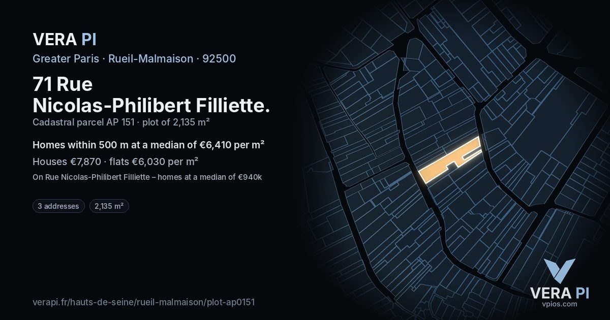 71 Rue Nicolas-Philibert Filliette, Rueil-Malmaison at night – the plot lit, the parcels around coloured by the prices near them