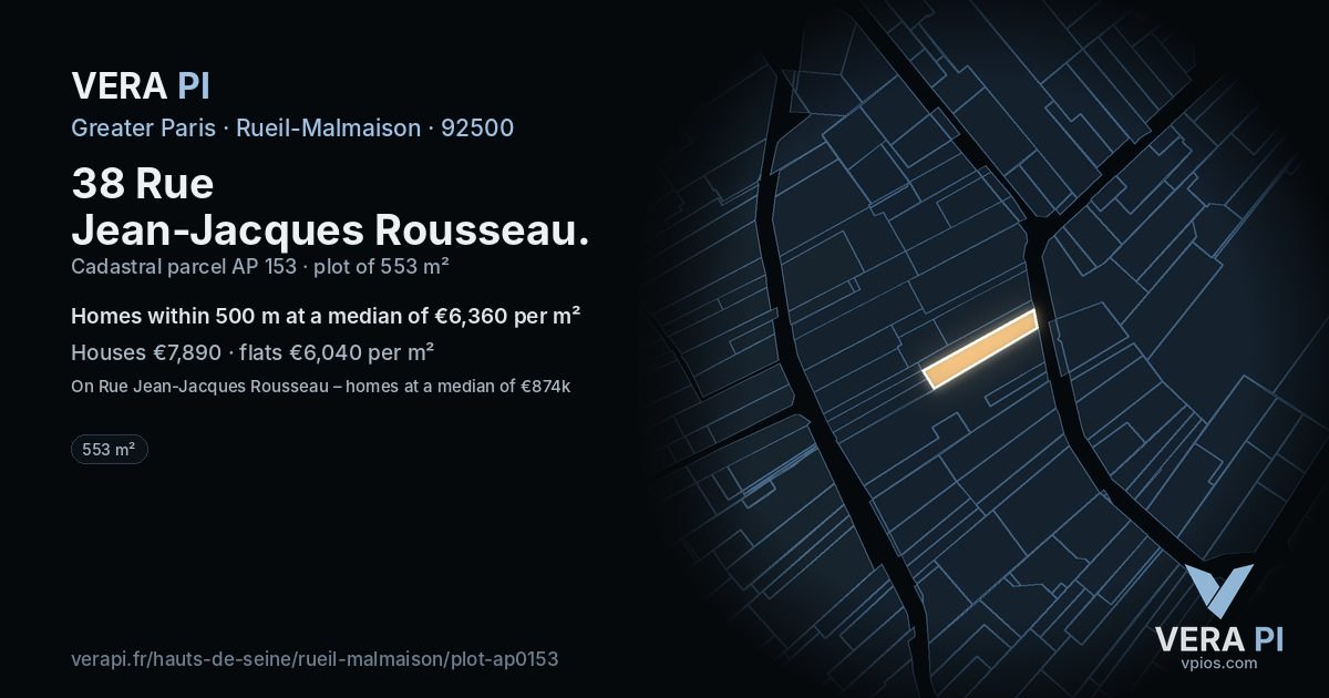 38 Rue Jean-Jacques Rousseau, Rueil-Malmaison at night – the plot lit, the parcels around coloured by the prices near them