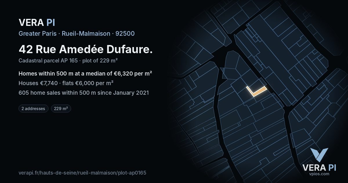 42 Rue Amedée Dufaure, Rueil-Malmaison at night – the plot lit, the parcels around coloured by the prices near them