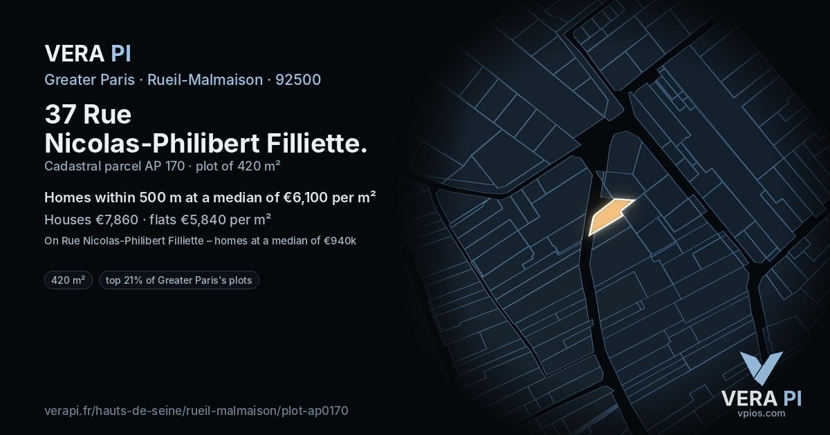 37 Rue Nicolas-Philibert Filliette, Rueil-Malmaison at night – the plot lit, the parcels around coloured by the prices near them