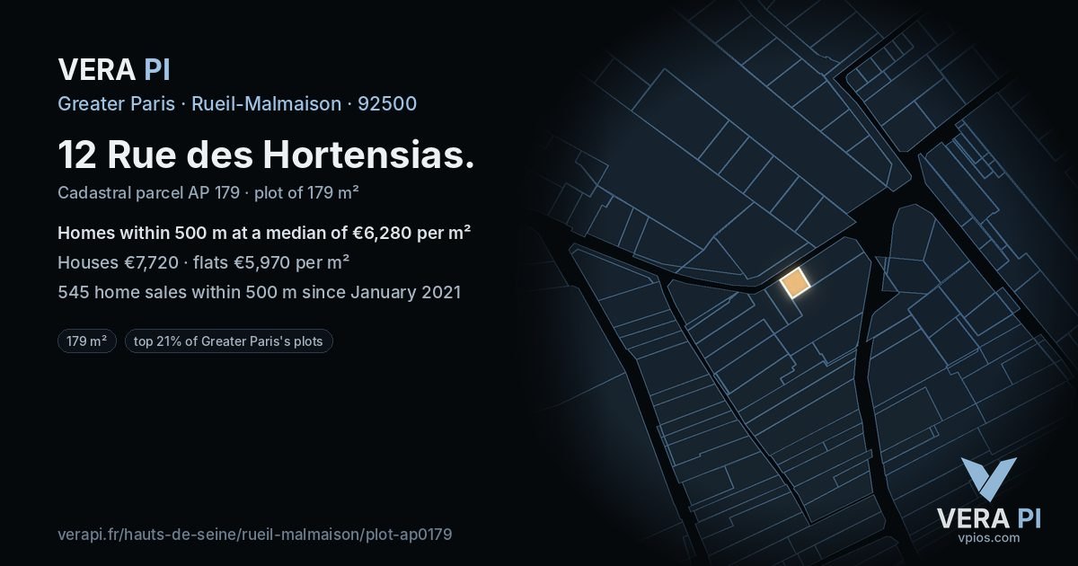 12 Rue des Hortensias, Rueil-Malmaison at night – the plot lit, the parcels around coloured by the prices near them