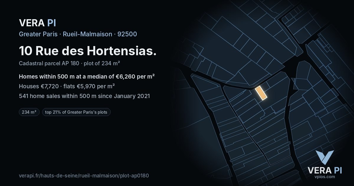 10 Rue des Hortensias, Rueil-Malmaison at night – the plot lit, the parcels around coloured by the prices near them