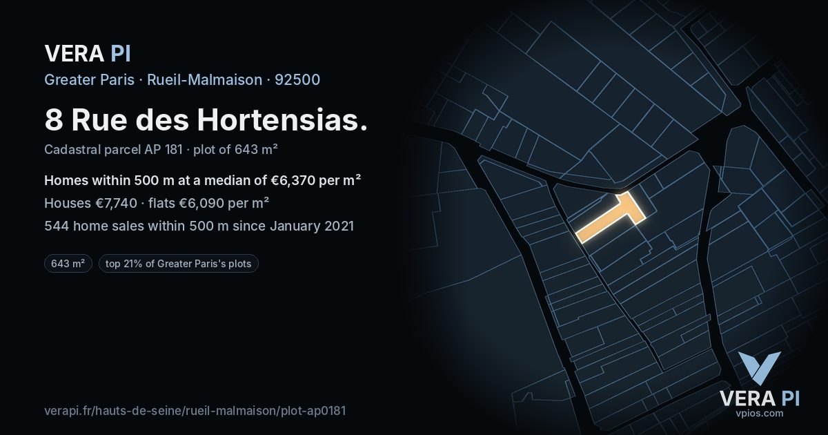 8 Rue des Hortensias, Rueil-Malmaison at night – the plot lit, the parcels around coloured by the prices near them