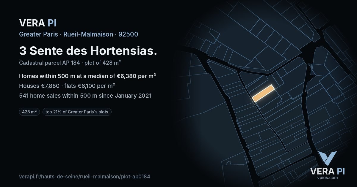 3 Sente des Hortensias, Rueil-Malmaison at night – the plot lit, the parcels around coloured by the prices near them