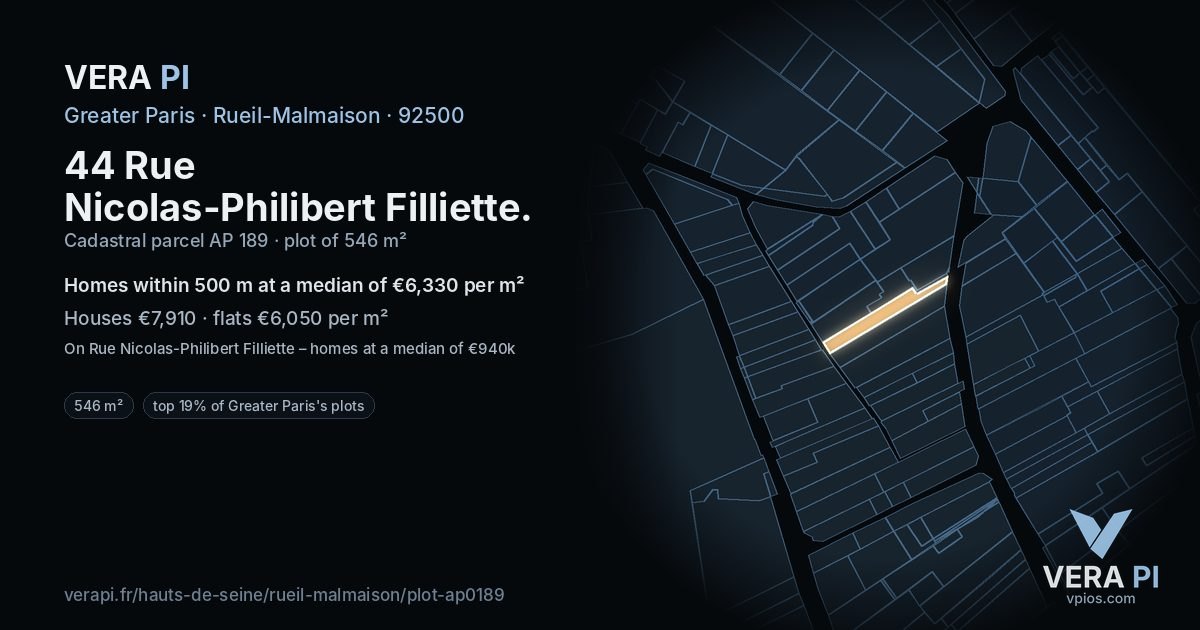 44 Rue Nicolas-Philibert Filliette, Rueil-Malmaison at night – the plot lit, the parcels around coloured by the prices near them