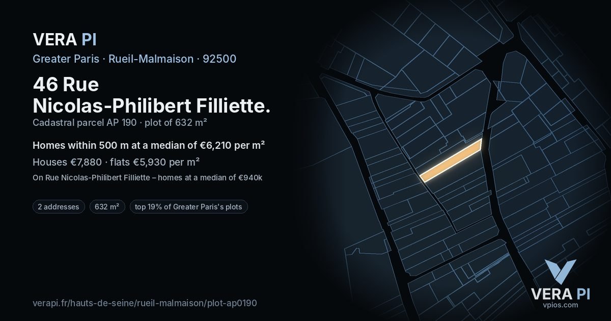 46 Rue Nicolas-Philibert Filliette, Rueil-Malmaison at night – the plot lit, the parcels around coloured by the prices near them
