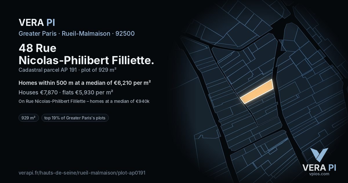 48 Rue Nicolas-Philibert Filliette, Rueil-Malmaison at night – the plot lit, the parcels around coloured by the prices near them
