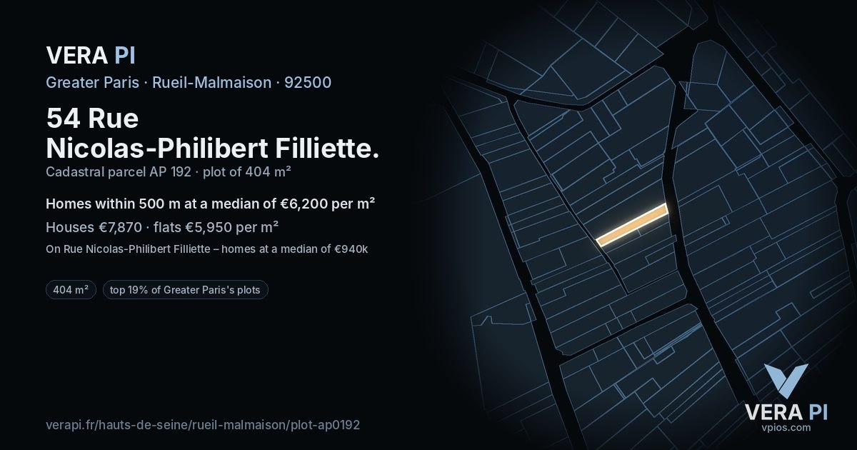 54 Rue Nicolas-Philibert Filliette, Rueil-Malmaison at night – the plot lit, the parcels around coloured by the prices near them