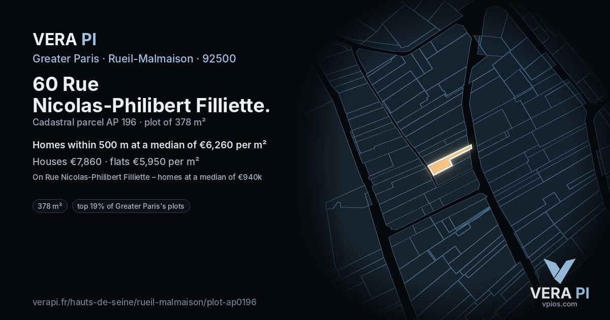 60 Rue Nicolas-Philibert Filliette, Rueil-Malmaison at night – the plot lit, the parcels around coloured by the prices near them