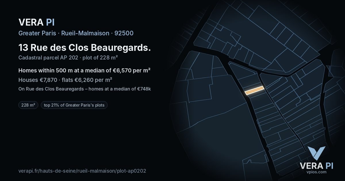 13 Rue des Clos Beauregards, Rueil-Malmaison at night – the plot lit, the parcels around coloured by the prices near them