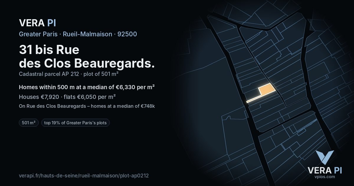 31 bis Rue des Clos Beauregards, Rueil-Malmaison at night – the plot lit, the parcels around coloured by the prices near them