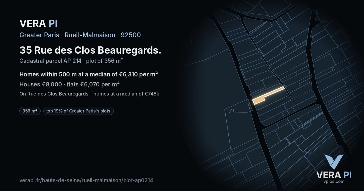 35 Rue des Clos Beauregards, Rueil-Malmaison at night – the plot lit, the parcels around coloured by the prices near them