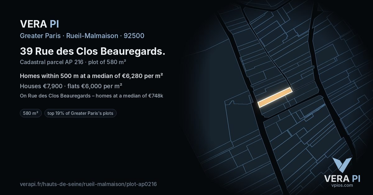 39 Rue des Clos Beauregards, Rueil-Malmaison at night – the plot lit, the parcels around coloured by the prices near them