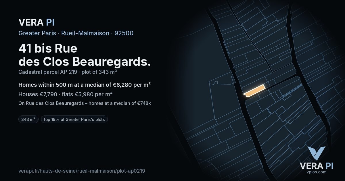41 bis Rue des Clos Beauregards, Rueil-Malmaison at night – the plot lit, the parcels around coloured by the prices near them