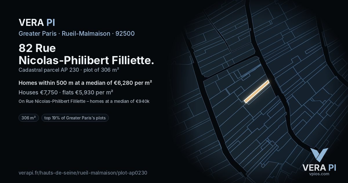 82 Rue Nicolas-Philibert Filliette, Rueil-Malmaison at night – the plot lit, the parcels around coloured by the prices near them