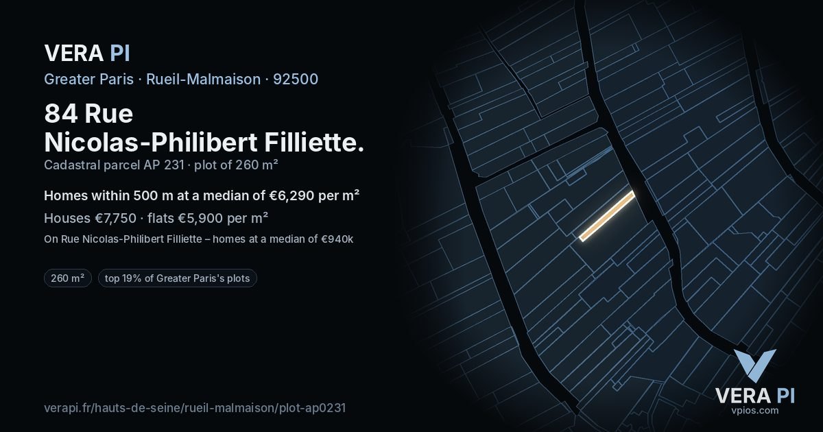 84 Rue Nicolas-Philibert Filliette, Rueil-Malmaison at night – the plot lit, the parcels around coloured by the prices near them
