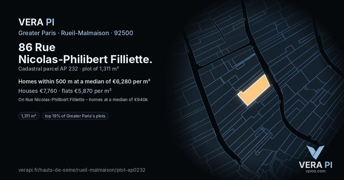 86 Rue Nicolas-Philibert Filliette, Rueil-Malmaison at night – the plot lit, the parcels around coloured by the prices near them