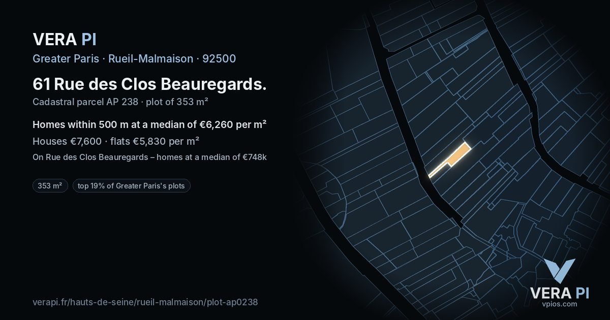 61 Rue des Clos Beauregards, Rueil-Malmaison at night – the plot lit, the parcels around coloured by the prices near them