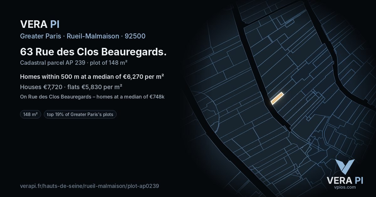 63 Rue des Clos Beauregards, Rueil-Malmaison at night – the plot lit, the parcels around coloured by the prices near them