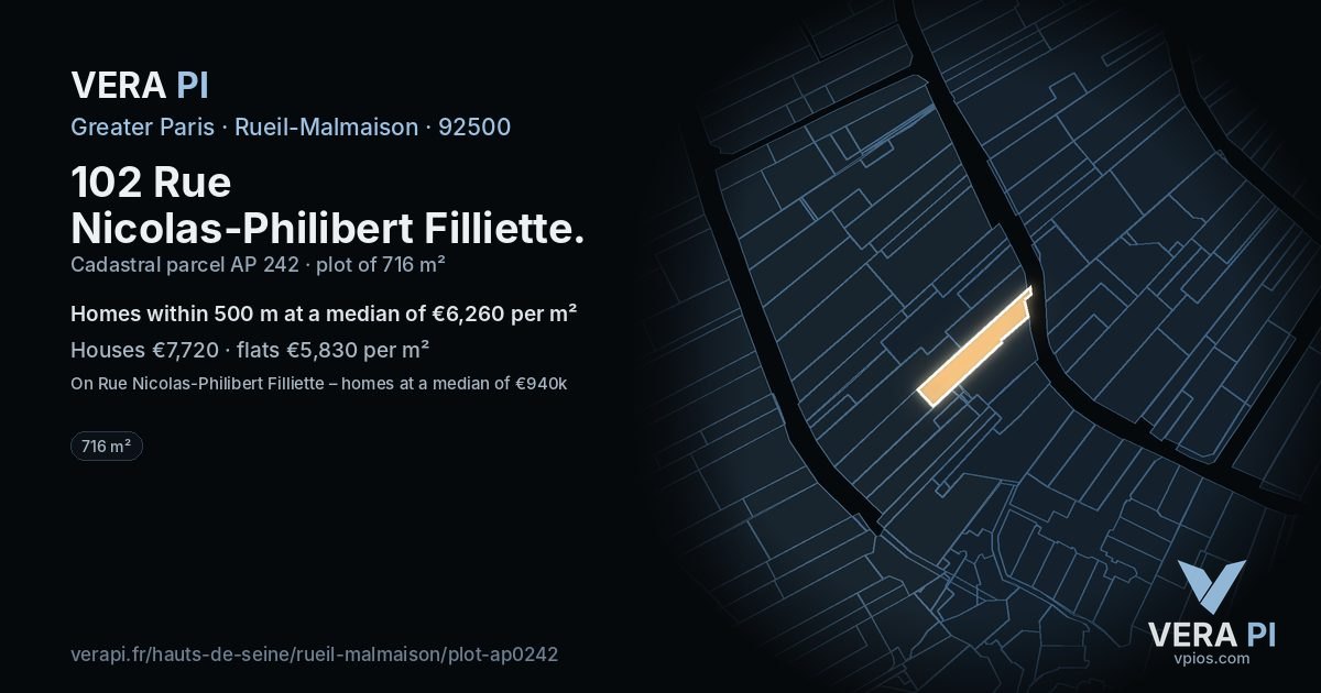 102 Rue Nicolas-Philibert Filliette, Rueil-Malmaison at night – the plot lit, the parcels around coloured by the prices near them
