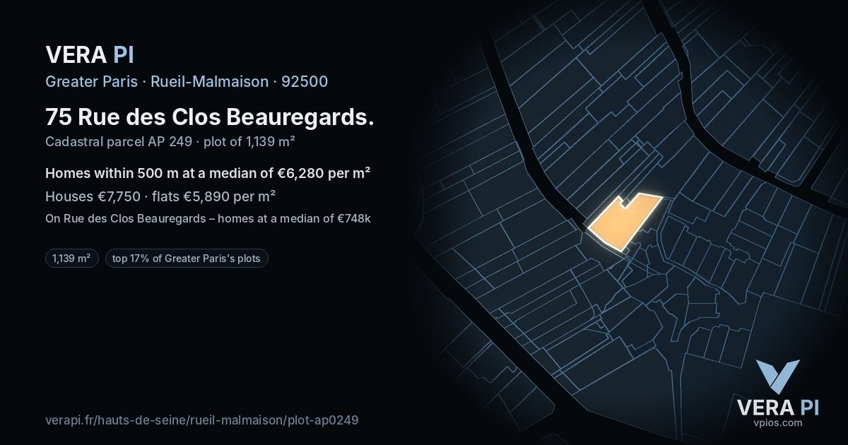 75 Rue des Clos Beauregards, Rueil-Malmaison at night – the plot lit, the parcels around coloured by the prices near them