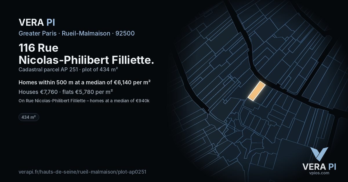 116 Rue Nicolas-Philibert Filliette, Rueil-Malmaison at night – the plot lit, the parcels around coloured by the prices near them