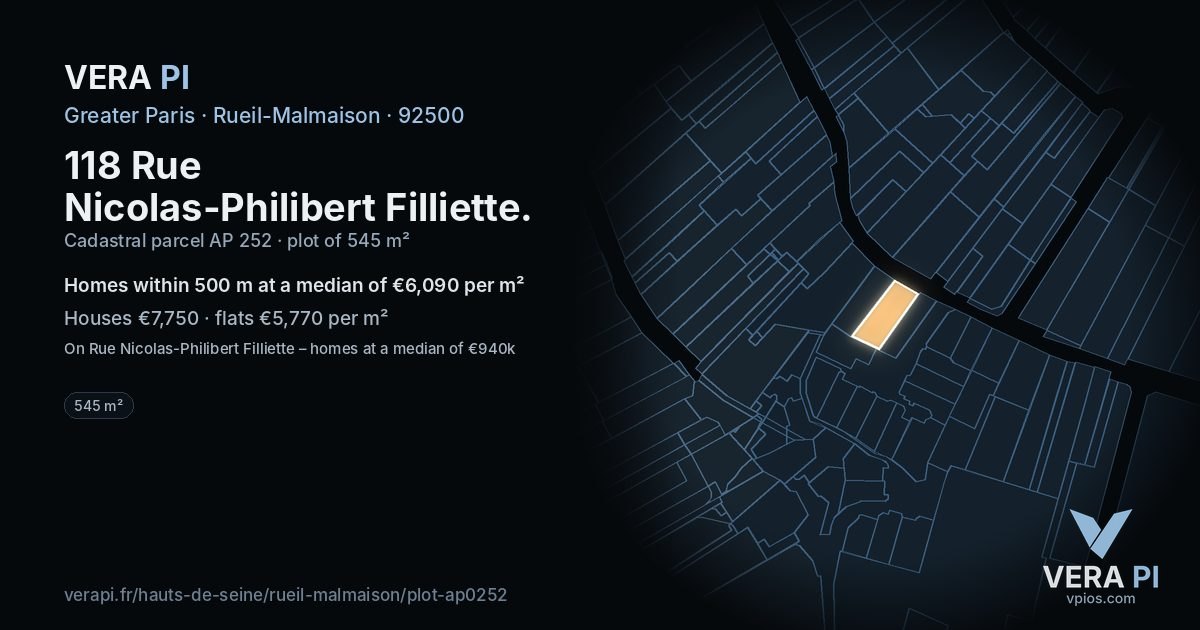 118 Rue Nicolas-Philibert Filliette, Rueil-Malmaison at night – the plot lit, the parcels around coloured by the prices near them