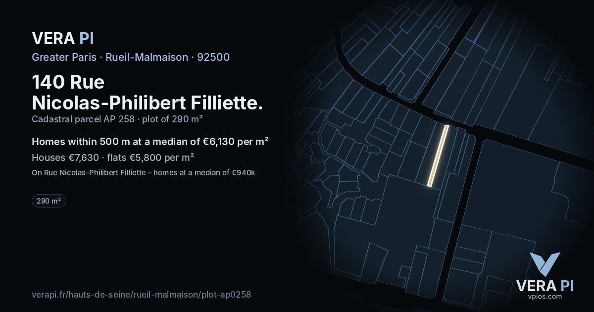 140 Rue Nicolas-Philibert Filliette, Rueil-Malmaison at night – the plot lit, the parcels around coloured by the prices near them