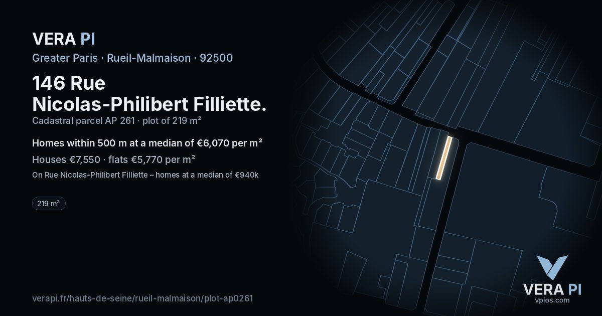 146 Rue Nicolas-Philibert Filliette, Rueil-Malmaison at night – the plot lit, the parcels around coloured by the prices near them