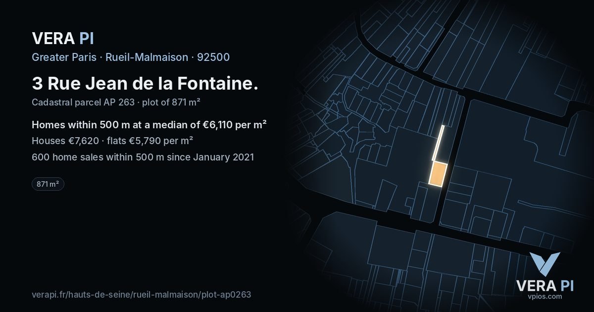 3 Rue Jean de la Fontaine, Rueil-Malmaison at night – the plot lit, the parcels around coloured by the prices near them