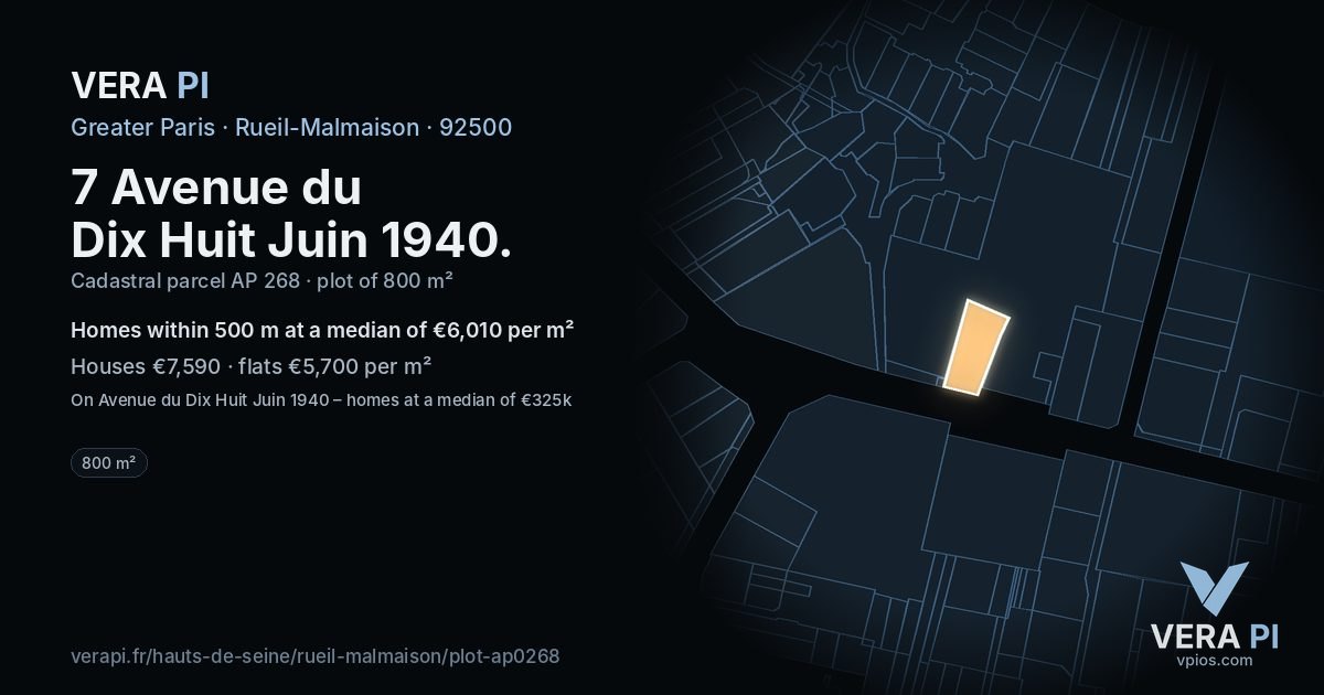 7 Avenue du Dix Huit Juin 1940, Rueil-Malmaison at night – the plot lit, the parcels around coloured by the prices near them
