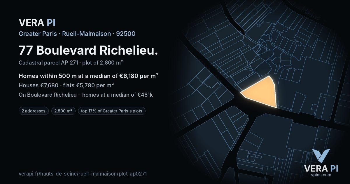 77 Boulevard Richelieu, Rueil-Malmaison at night – the plot lit, the parcels around coloured by the prices near them