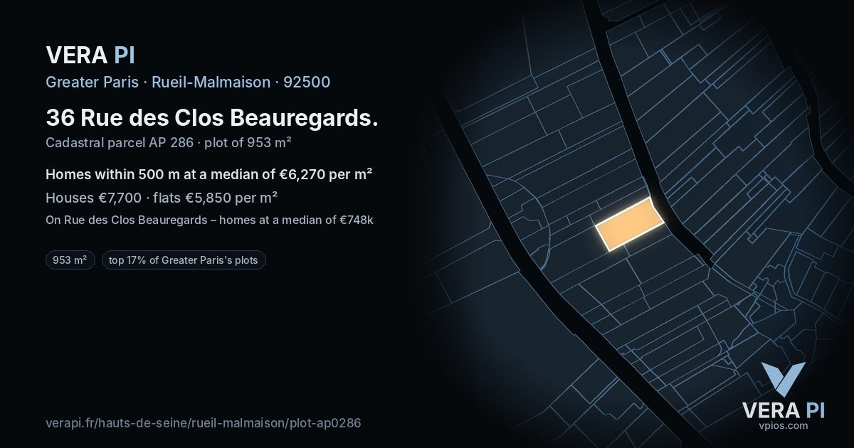 36 Rue des Clos Beauregards, Rueil-Malmaison at night – the plot lit, the parcels around coloured by the prices near them