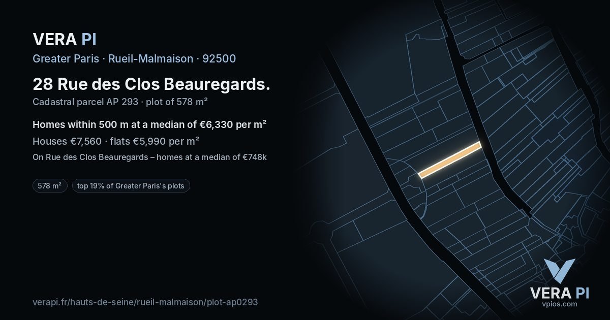 28 Rue des Clos Beauregards, Rueil-Malmaison at night – the plot lit, the parcels around coloured by the prices near them