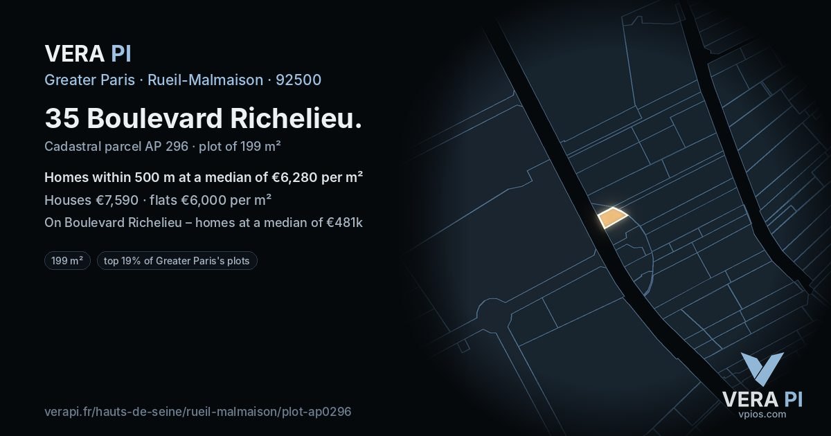 35 Boulevard Richelieu, Rueil-Malmaison at night – the plot lit, the parcels around coloured by the prices near them