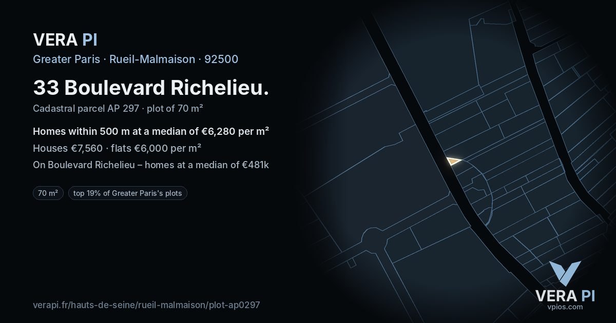 33 Boulevard Richelieu, Rueil-Malmaison at night – the plot lit, the parcels around coloured by the prices near them