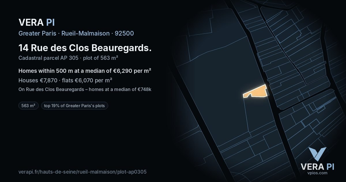 14 Rue des Clos Beauregards, Rueil-Malmaison at night – the plot lit, the parcels around coloured by the prices near them