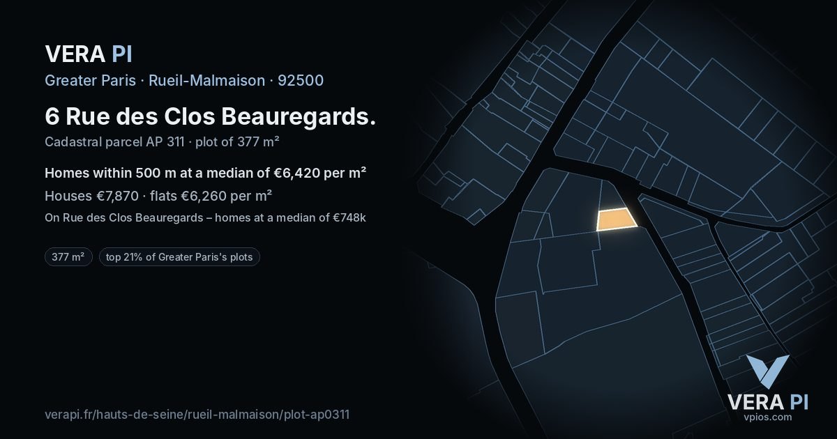 6 Rue des Clos Beauregards, Rueil-Malmaison at night – the plot lit, the parcels around coloured by the prices near them