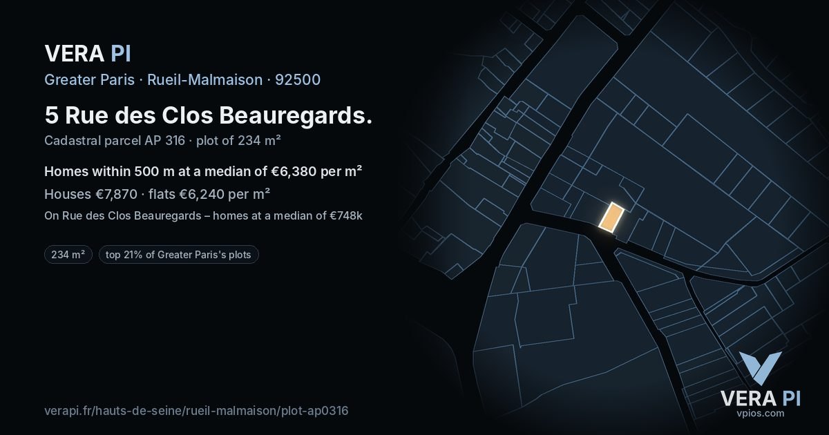 5 Rue des Clos Beauregards, Rueil-Malmaison at night – the plot lit, the parcels around coloured by the prices near them