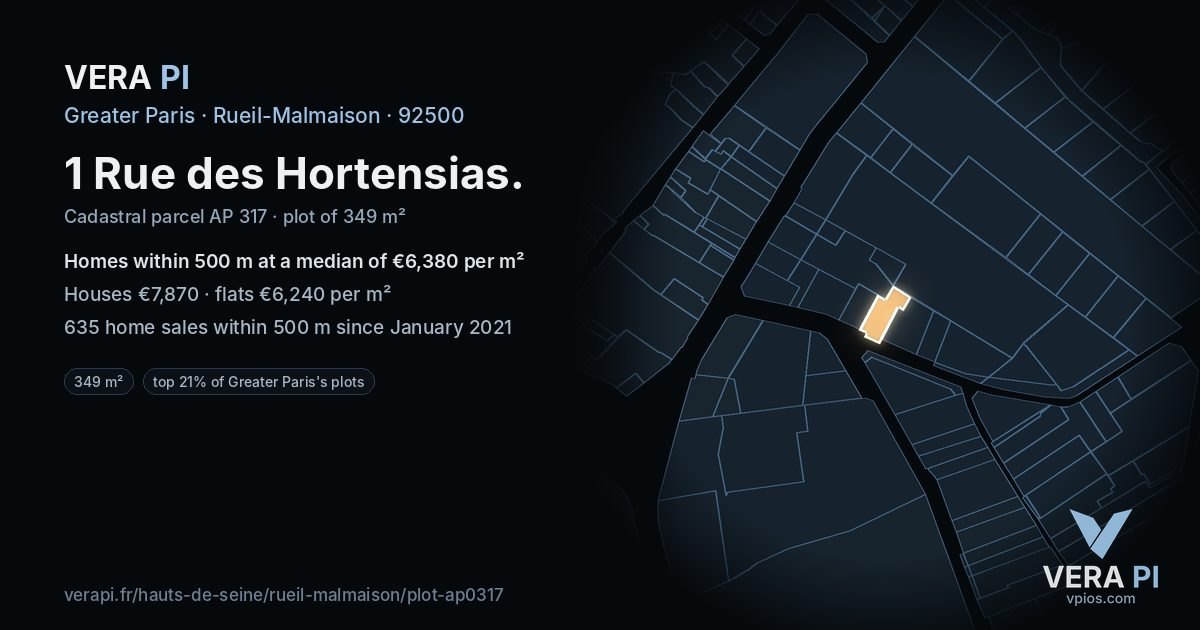 1 Rue des Hortensias, Rueil-Malmaison at night – the plot lit, the parcels around coloured by the prices near them