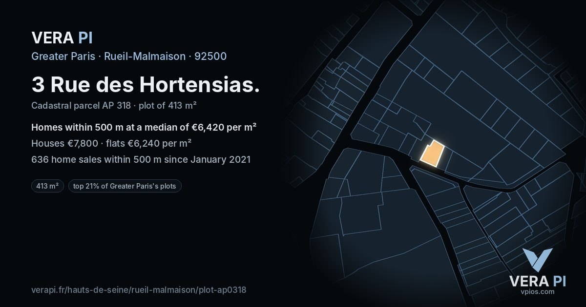 3 Rue des Hortensias, Rueil-Malmaison at night – the plot lit, the parcels around coloured by the prices near them