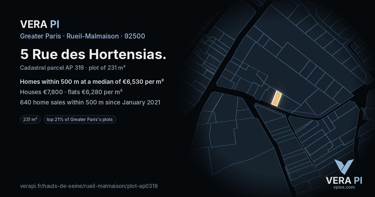 5 Rue des Hortensias, Rueil-Malmaison at night – the plot lit, the parcels around coloured by the prices near them