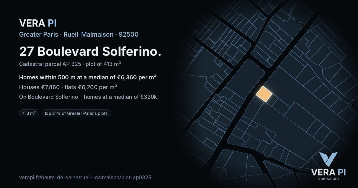 27 Boulevard Solferino, Rueil-Malmaison at night – the plot lit, the parcels around coloured by the prices near them