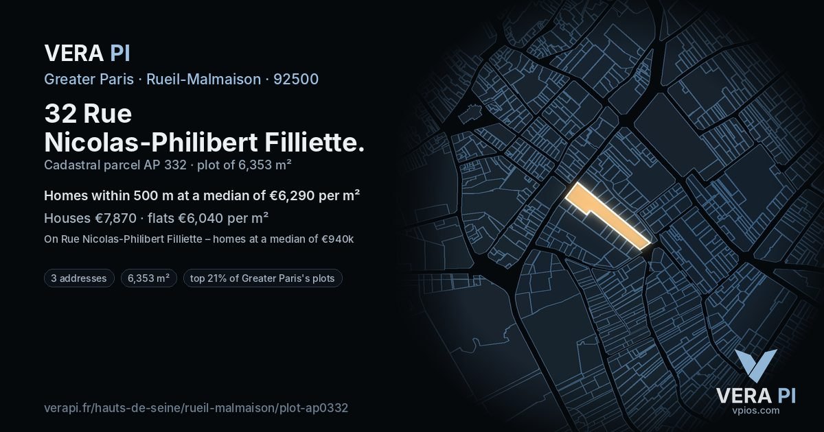 32 Rue Nicolas-Philibert Filliette, Rueil-Malmaison at night – the plot lit, the parcels around coloured by the prices near them