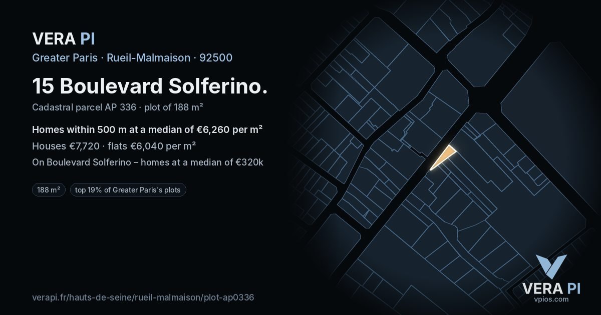 15 Boulevard Solferino, Rueil-Malmaison at night – the plot lit, the parcels around coloured by the prices near them