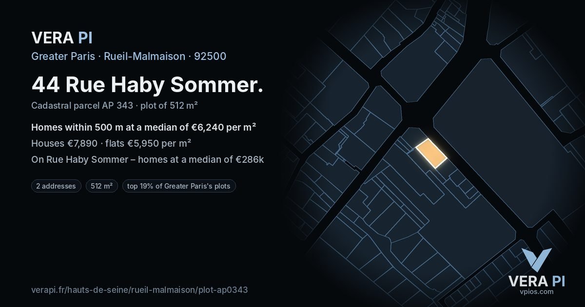 44 Rue Haby Sommer, Rueil-Malmaison at night – the plot lit, the parcels around coloured by the prices near them