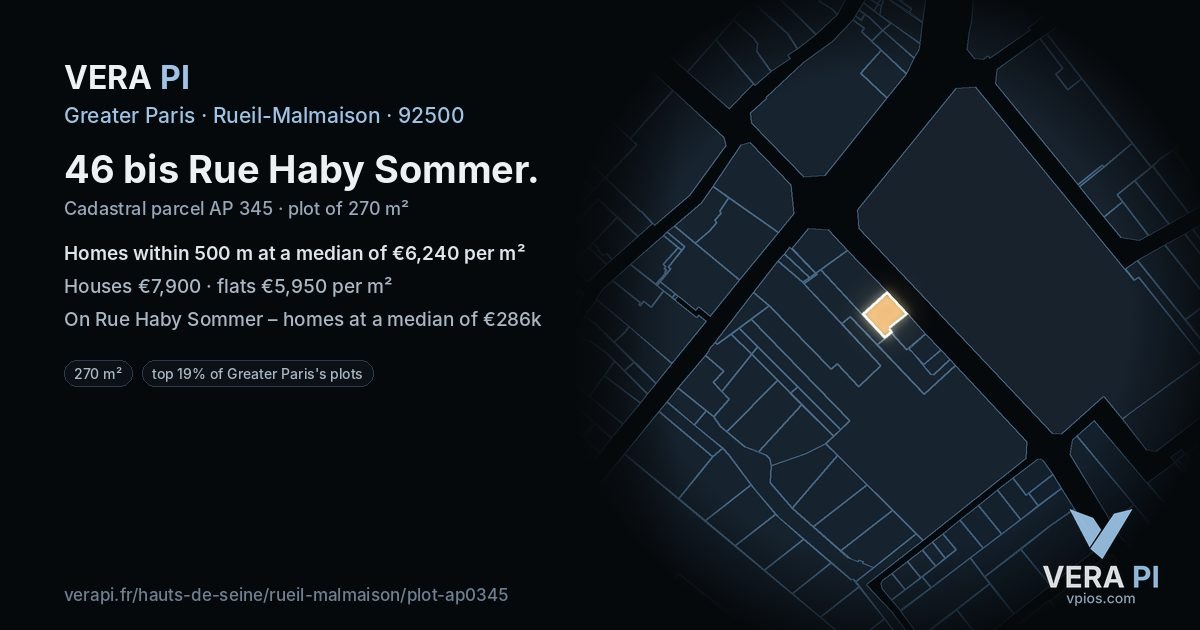 46 bis Rue Haby Sommer, Rueil-Malmaison at night – the plot lit, the parcels around coloured by the prices near them