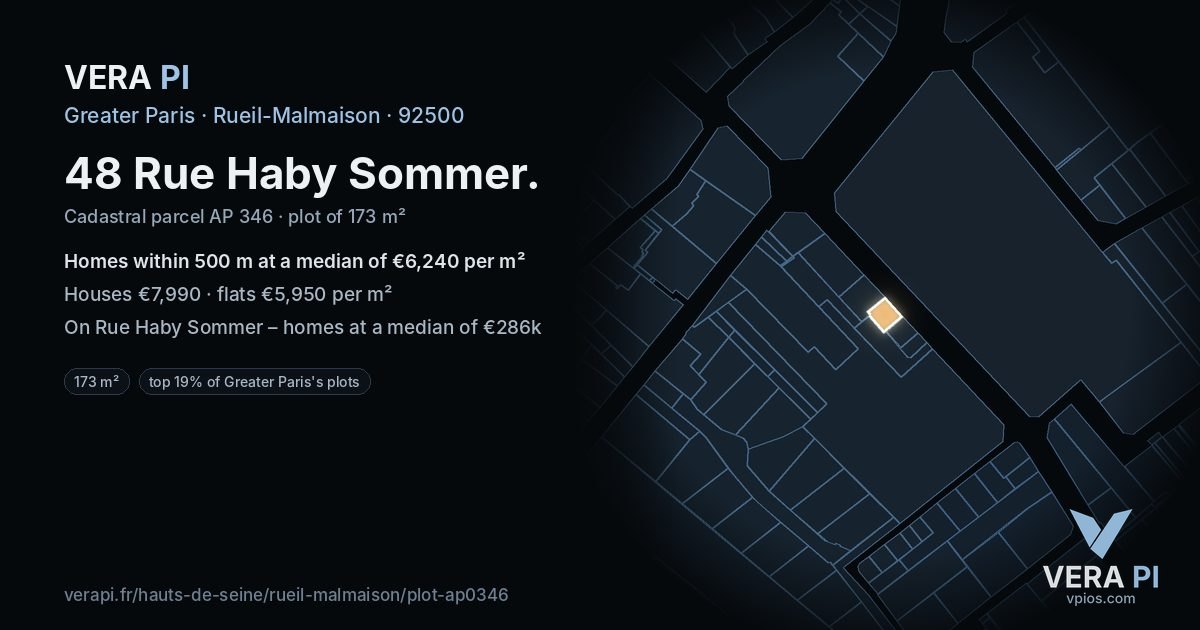 48 Rue Haby Sommer, Rueil-Malmaison at night – the plot lit, the parcels around coloured by the prices near them